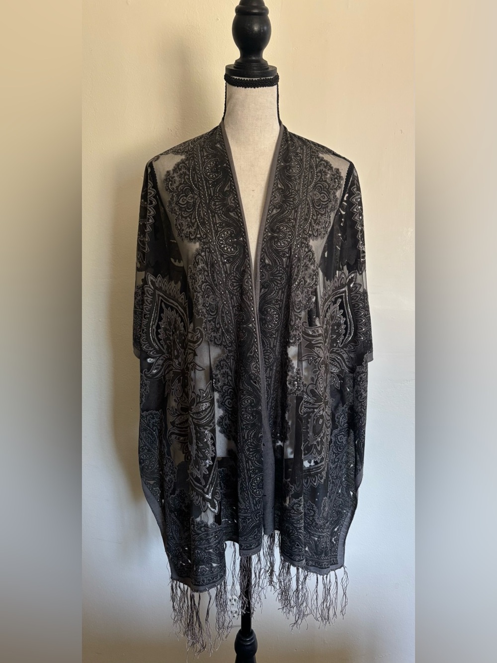 Gray Fringe Boho Kimono Burnout Metallic Shawl